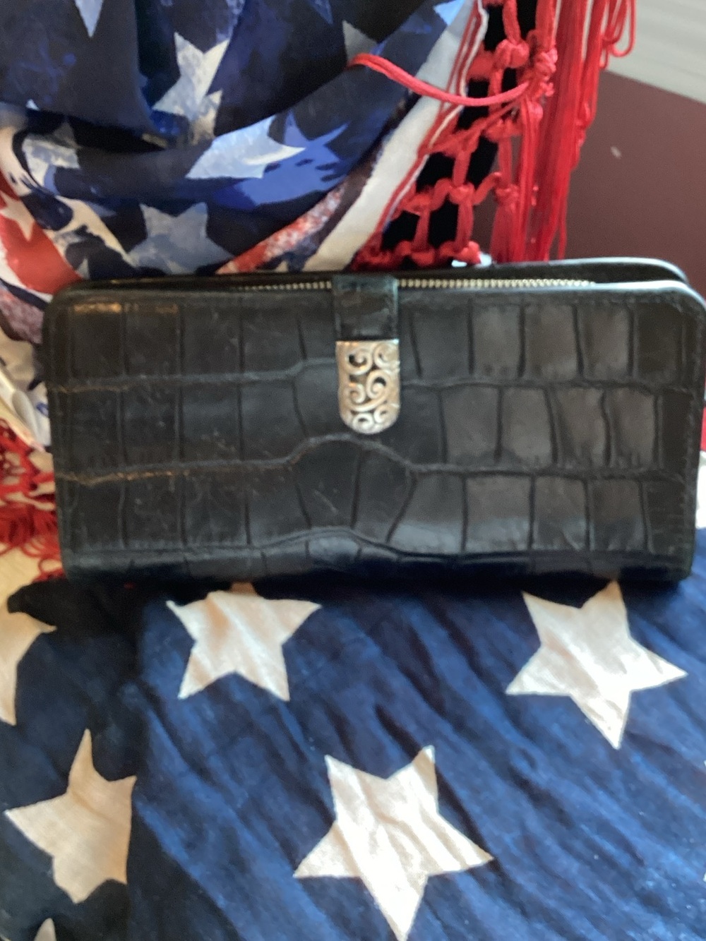 Brghton Croc-Embossed zip around wallet , silver hardware